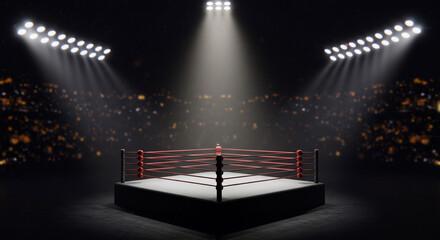 A wrestling ring is illuminated by bright spotlights in a dark arena with a blurred background