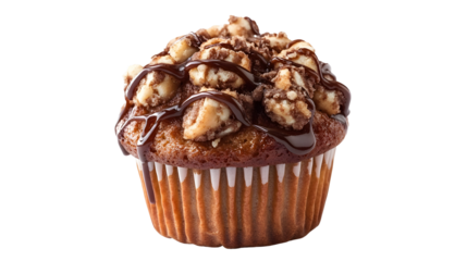a Chocolate Chip Muffin Topped with Nuts and Chocolate Drizzle