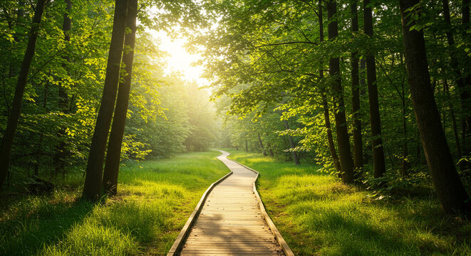 A wooden path winds through a lush green forest with sunlight streaming through the trees and grass