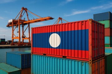 A red and blue shipping container featuring the Laos flag sits in a busy port, highlighting global freight and trade routes. Laos national flag on cargo container