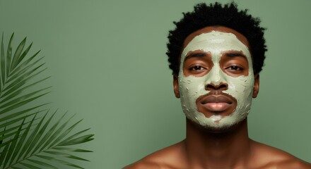 Young african american man wearing natural green spa mask on face looking at camera. Male skin care and self care beauty treatment in cosmetology concept for marketing.