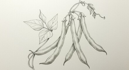 Detailed botanical sketch showcasing Runner Beans with foliage and textured lines