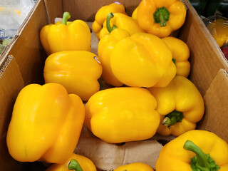 Yellow bell peppers in a cardboard box, Fresh yellow peppers in store, Sweet peppers
