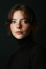 Naklejka premium Studio portrait of a beautiful young woman with freckles wearing a black turtleneck, posing against a dark background