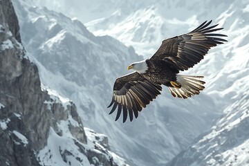 Eagle soars majestically through the snowy mountain range with its wings spread wide in the crisp air