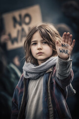 Young girl at a demostration with text "no war" on one of her hands