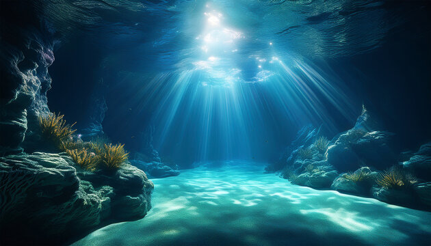 underwater cavern scene with blue light rays piercing through the surface of the ocean illuminating a seabed creating a deep mys
