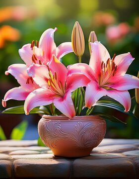 Bunte handget&ouml;pferte Blument&ouml;pfe mit Lilien &ndash; Nahaufnahme