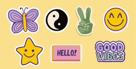 Vector illustration with retro sticker icons: butterfly, yin yang, peace sign, smiley, star, and positive words. Hand-drawn 70s cartoon style, a trendy and popular look.