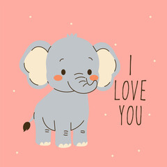 Cute flat style illustration of a smiling baby elephant with text I love you, ideal for nursery prints, greeting cards, children s designs, and adorable animal-themed projects.