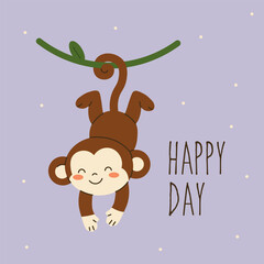 Cute flat-style illustration of a smiling monkey hanging by its tail from a branch with the text Happy Day , ideal for kids' products, cards, and cheerful jungle-themed designs.