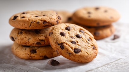 Classic Chocolate Chip Cookies Stacked and Ready to Be Enjoyed on a Light Background