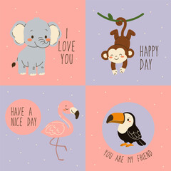 Cute flat style illustration set of jungle animals with friendly messages, featuring an elephant, monkey, flamingo, and toucan on colorful backgrounds, perfect for children s designs and greeting