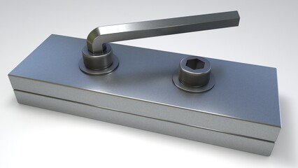 Allen wrench tightening a screw to secure two metal plates. 3D render