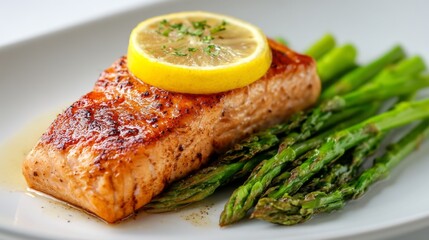 Pan-seared Salmon Fillet Served With Lemon and Fresh Asparagus on a White Plate