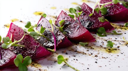 Roasted Beetroot Wedges Drizzled With Olive Oil and Garnished With Microgreens