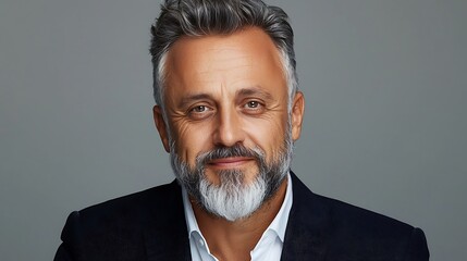 this is a close up of a man with a beard and a suit jacket