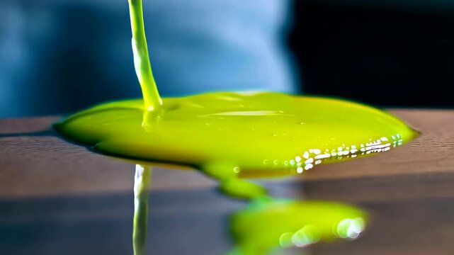 Vibrant yellow liquid being poured onto a textured brown surface, creating a small pool and droplet formation, close-up