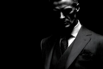 A man in a formal black suit stands in dim lighting, creating a striking silhouette. His expression is serious and contemplative, evoking a sense of intrigue and elegance.