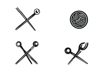 Set of four simple black and white food-related illustrations.  Two forks crossed, one with a ball, the other with noodles. Two pairs of crossed chopsticks