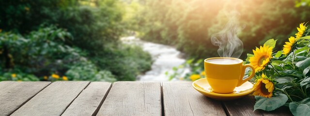 Yellow cup with steaming coffee morning on wooden table with sunflower bouquet. Tranquil summer scene for concept of relaxing break time