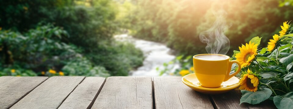 Yellow cup with steaming coffee morning on wooden table with sunflower bouquet. Tranquil summer scene for concept of relaxing break time - Powered by Adobe