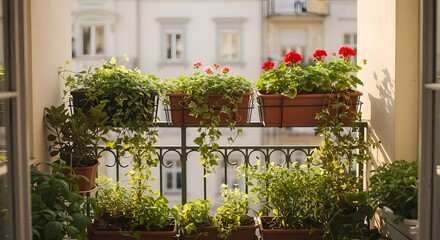 Balcony Garden with Flowers and Greenery in Flower Boxes