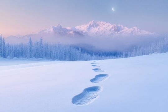 Footprints in the snow lead towards a majestic, snow-covered mountain range under a crescent moon.