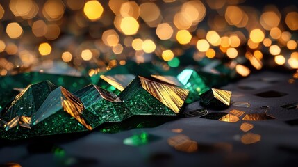 Air pressure visualization illustrated through precision-cut emerald cubic crystals with golden reflective surfaces showing barometric gradient patterns on textured dark surface