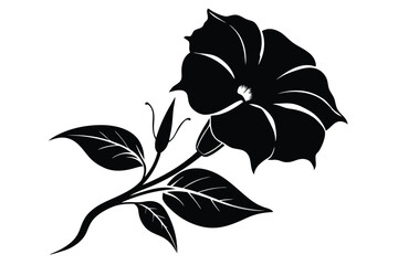 Striking Silhouette of a Blooming Flower with Bud and Leaves Vector Graphic