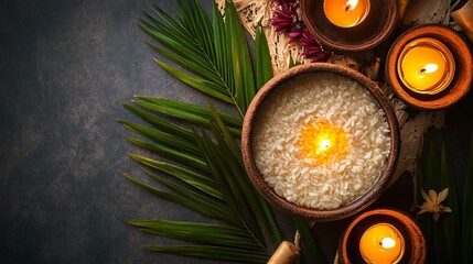 Illuminated grains in a rustic bowl.
