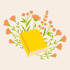 Hand drawn vector illustration - book and flowers in gentle colors. spring, summer mood. flat trend illustration for greeting cards, flyers, magazines, websites and apps.