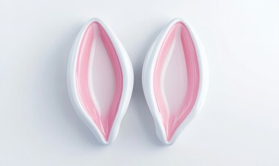 Fototapeta premium White and pink bunny ears close-up, smooth glossy texture, isolated on a white background. Concept of Easter or playful animal design. 3D Rendering, 