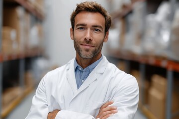 Fototapeta premium A doctor in logistics warehouse, professional look professional photo on white background