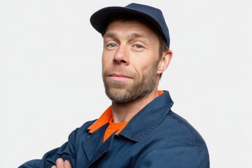 Fototapeta premium A mechanic in studio lighting, medium shot professional photo on white background