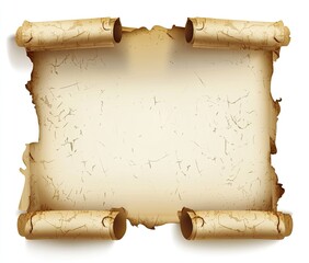 Aged parchment scroll.  A weathered, antique scroll of paper,  with torn edges and aged texture.  Empty space for text or image