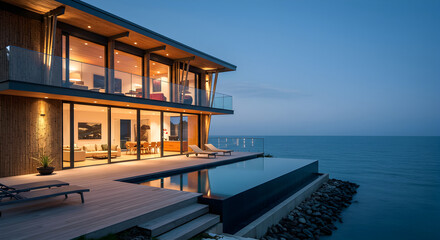 Obraz premium Seaside Retreat Modern Home Exterior with Infinity Pool at Dusk