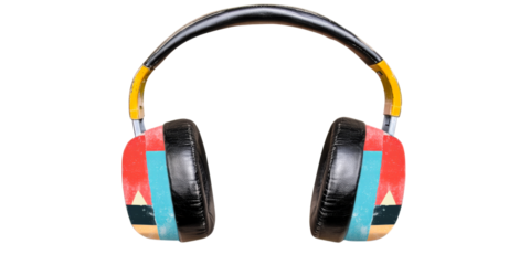 Headphones with geometric color block design, cut out transparent