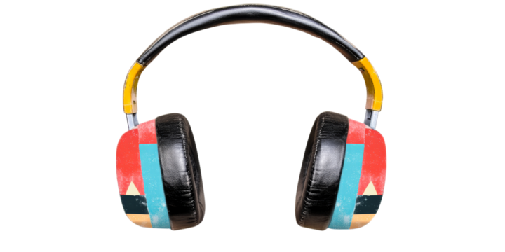 Headphones with geometric color block design, cut out transparent