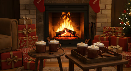 Cozy Winter Night Scene with Fireplace Christmas Tree and Marshmallow Cocoa
