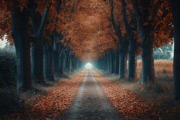 Vibrant autumn leaves cover a peaceful park pathway under clear blue skies in a serene afternoon