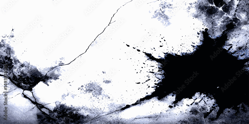 Poster black ink splatters and spots on a white background creating an abstract and texture dynamic ink.