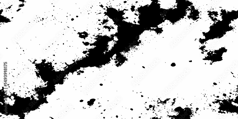 Poster black ink splatters and spots on a white background creating an abstract and texture dynamic ink.