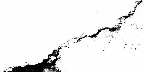 Abstract black and white image showing a crack running diagonally across a textured surface design element white background.