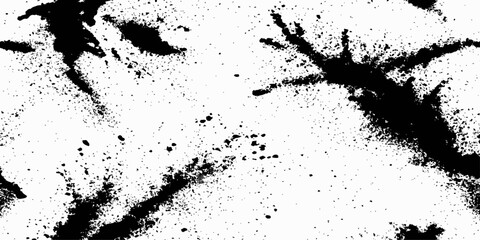 Black ink splatters and spots on a white background creating an abstract and texture dynamic ink. 