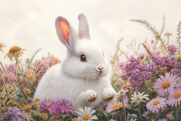 Obraz premium A fluffy white rabbit sitting among colorful flowers in a field on a bright and sunny day outdoors