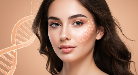 Close up of a woman's face with dna strands and a network pattern on her cheek on a beige background