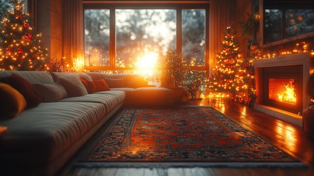 A Christmas-decorated living room with a large window letting in sunlight, featuring a sectional sofa, a fireplace, and two illuminated Christmas trees