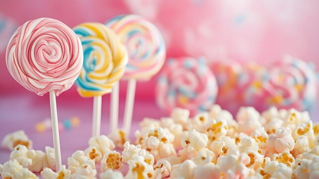 Colorful lollipop candy and popcorn sweet treats for party dessert table decoration and food photography