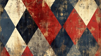 Distressed Harlequin Pattern Texture with Red, White and Blue Diamonds